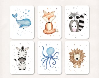 ANIMAL motifs watercolor, children's postcard set A6, 6 cards
