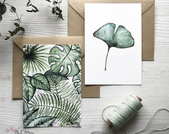 Cartes postales botaniques Ginkgo/Jungle, lot de 2 A6, plantes aquarelle/aquarelle,