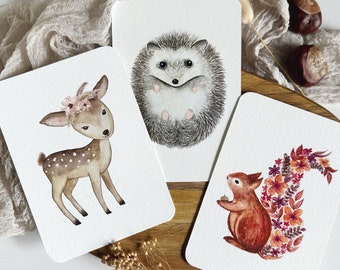 ANIMAUX FORESTIERS Ensemble de 3 // Carte postale d’art A6 avec enveloppe