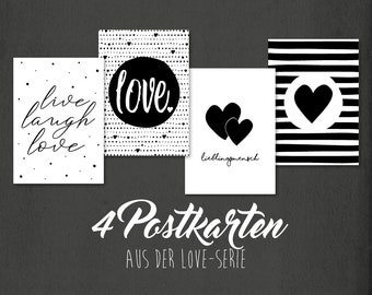 Postkarten-Set LOVE, schwarz-weiß, 4 Stück