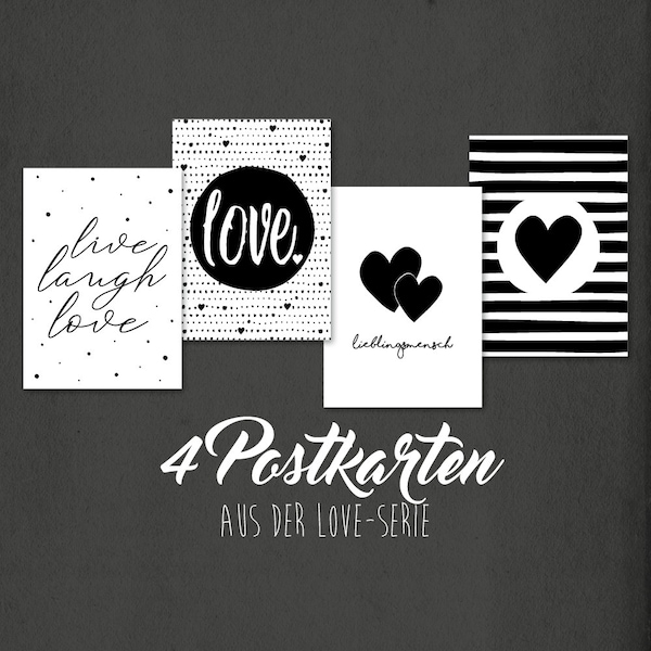 Postkarten-Set LOVE, schwarz-weiß, 4 Stück