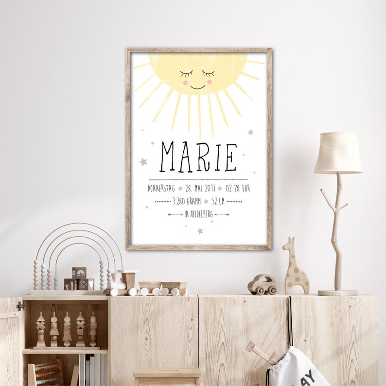 Geburtsdatenposter SONNE mit Name undGeburtsdaten, Geschenkzur Geburt oder Taufe Bild 1