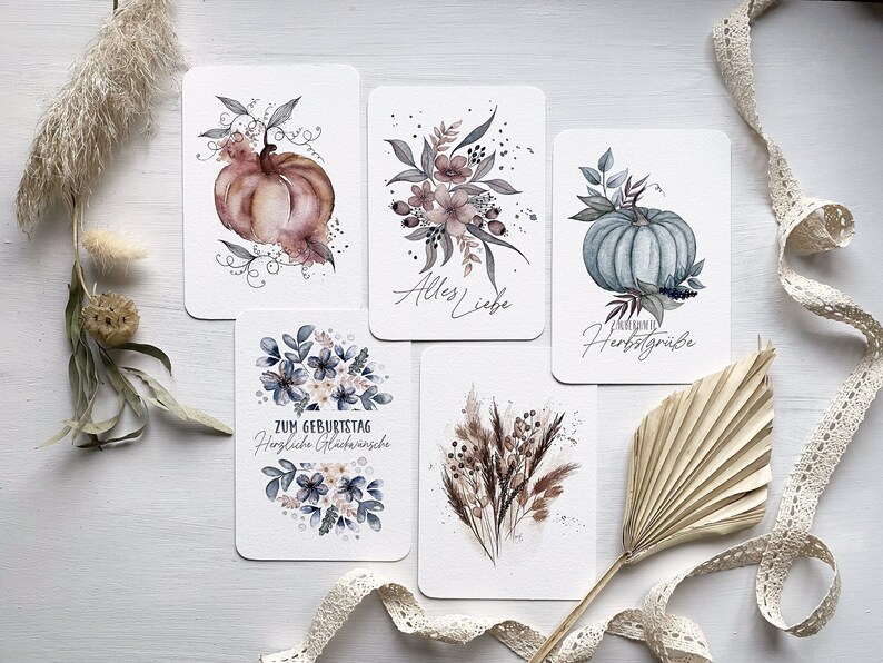 Cartes d’impression d’art de vœux d’AUTOMNE // ensemble de cartes postales A6 // motifs d’automne aquarelle // 5 cartes avec ou sans enveloppe image 1