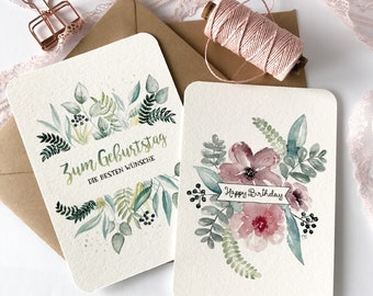 Birthday wishes, postcards set of 2 A6, flowers watercolor/watercolor