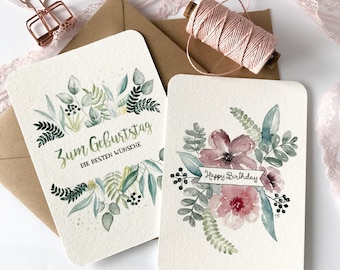Souhaits d’anniversaire // Cartes d’impression d’art A6 // Ensemble de 2 fleurs aquarelle/aquarelle