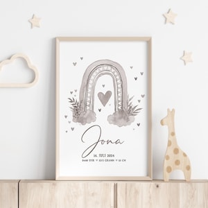Geburtsposter BOHO-Regenbogenposter // Kinderzimmerbild mit Namen + Geburtsdaten // versch. Formate + Farben // Digital oder Druck