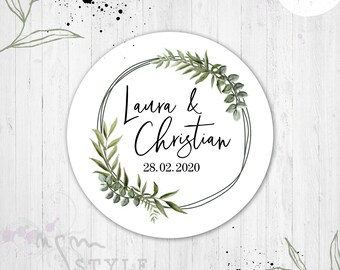24 autocollants personnalisés avec nom et date, couronne de feuilles, pour mariage, baptême, naissance