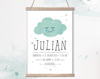 Birth data picture CLOUD, A4 poster with name, gift for birth baptism