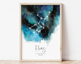 Zodiac sign poster, gift for baptism/birth, poster with name, star sign, date
