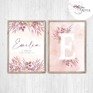 Conjunto de carteles de datos de nacimiento imagen LEAVES MEADOW rosa / imagen de nombre personalizada e imagen de letra, regalo de nacimiento, decoración de pared