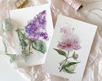 Cartes postales fleurs de printemps lot de 2 / pivoine lilas / cartes A6 / fleurs aquarelle / aquarelle