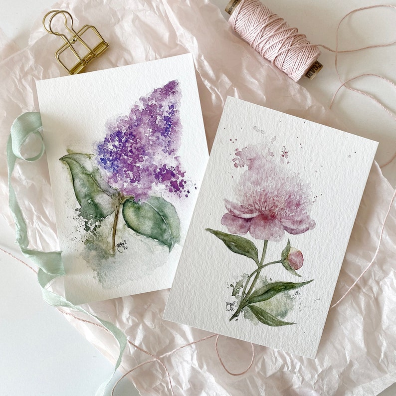 Cartes postales fleurs printanières lot de 2 / pivoine lilas / Cartes A6 / fleurs aquarelle/aquarelle image 1