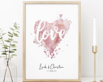 Poster HEART Love in watercolor style with name and date