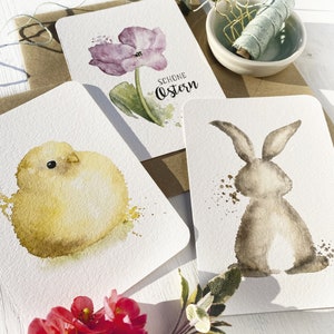 Cartes de vœux pour Pâques, lot de 3 cartes postales A6, poussin, lapin, tulipe aquarelle/aquarelle avec enveloppe