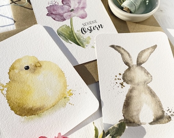 Paaswenskaarten, A6 set van 3 ansichtkaarten, kuikens, konijnen, tulp Aquarel/Aquarel met envelop