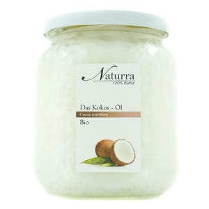Puede incluir: Un tarro de vidrio de aceite de coco blanco con una tapa blanca. La etiqueta dice "Natura 100% Natur Das Kokos - Öl Cocos nucifera Bio". Se muestra una mitad de coco en la etiqueta.