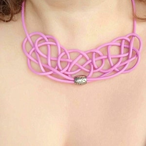 Women leather necklace with celtic knot, infinity knot necklace, leather bib necklace, black and pink leather necklace, bib necklace image 1