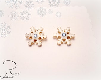 Pendientes de botón copo de nieve y cristal azul, pendientes navideños copo de nieve, pendientes de botón para mujer,pendientes blancos.