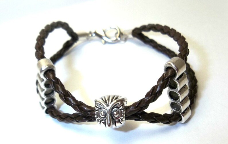 Leather bracelet for women with lucky owl, owl bracelet, unisex gift bracelet, boho bracelet braided leather, hippie bracelet, lucky gift image 5