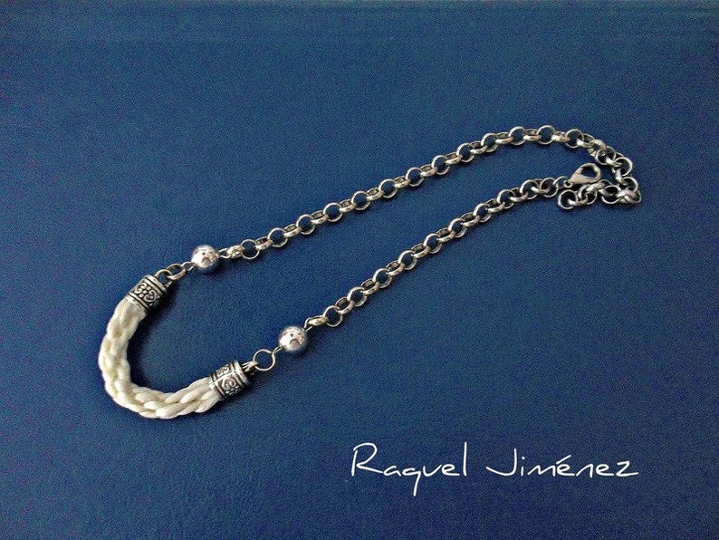 short sailor or nautical style necklace for summer. Woven white rayon necklace in Ibizan style