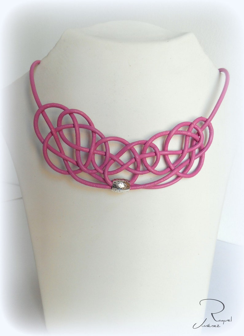 Women leather necklace with celtic knot, infinity knot necklace, leather bib necklace, black and pink leather necklace, bib necklace Pink