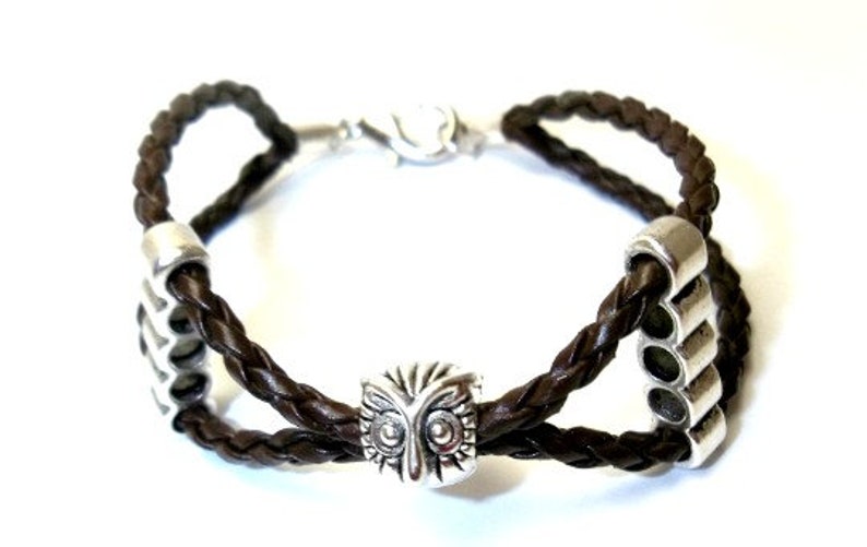 Leather bracelet for women with lucky owl, owl bracelet, unisex gift bracelet, boho bracelet braided leather, hippie bracelet, lucky gift image 2