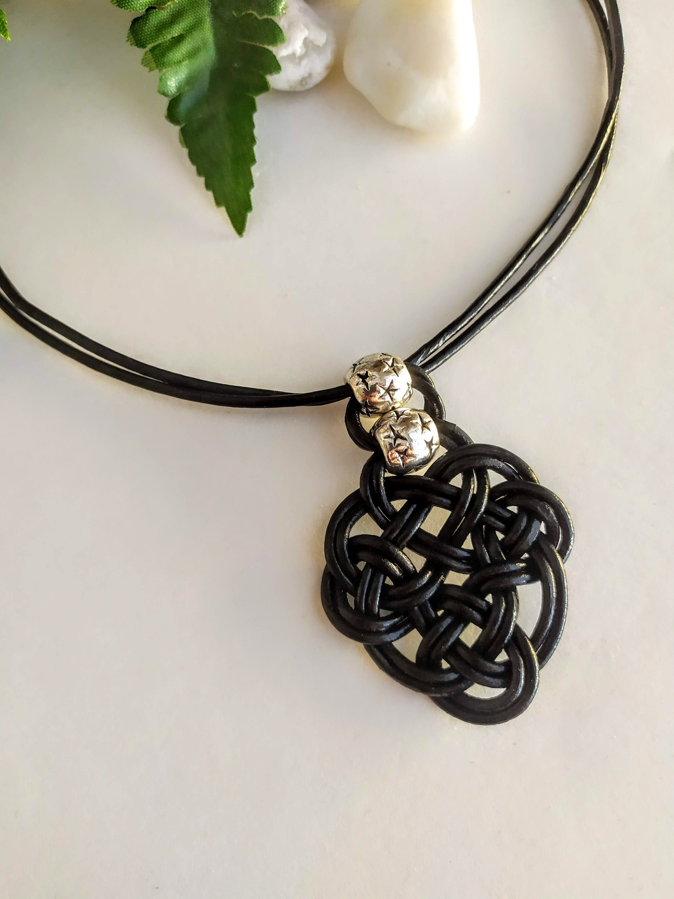 Leather necklace woman with irish symbol pendant, celtic knot necklace, african leather necklace, ethnic leather necklace knot necklace
