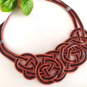 Braided leather bib necklace, irish knot necklace for woman, knotted necklace, African necklace, ethnic necklace red and black, celtic knots