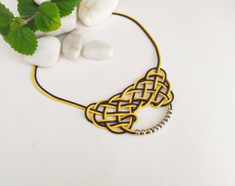 Leather necklace with a yellow Celtic knot, braided leather necklace, mustard necklace, gift necklace for a bohemian woman, girlfriend gift