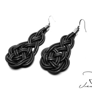 Celtic leather and silver earrings, long earrings with macrame knots, hippie and bohemian earrings, autumn earrings. image 2