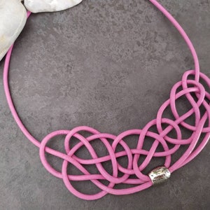 Women leather necklace with celtic knot, infinity knot necklace, leather bib necklace, black and pink leather necklace, bib necklace image 9