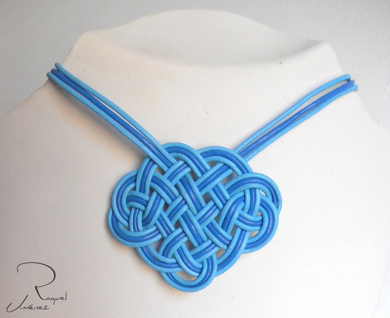 Blue pendant with a Celtic knot in natural leather short necklace with leather pendant