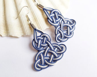 Blue and white sailors knot earrings for summer gift, blue and white nautical earrings, silver plaited earrings, long nautical knot earrings