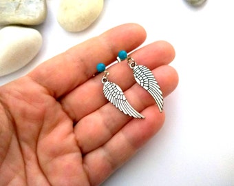 Long earrings with turquoise angel wings, women's long earrings with wings, romantic  earrings with turquoise.