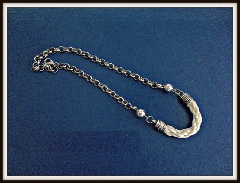 short sailor or nautical style necklace for summer. Woven white rayon necklace in Ibizan style
