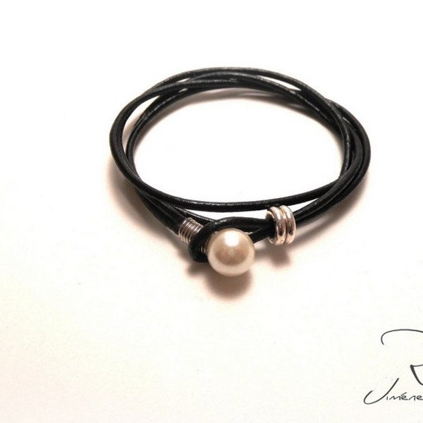 Bracelet en cuir noir avec perle, bracelet bohème pour femme, bracelet double en cuir noir, bracelet en cuir avec fermoir en perle