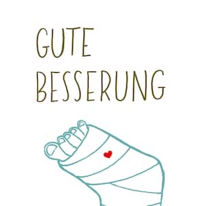 Carte postale "Guérissez bientôt" avec pied et coeur en plâtre