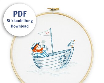 Embroidery Pattern PDF Download Seaman with boat DE/EN