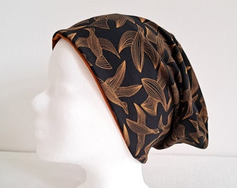 Bonnet réversible marron motif oiseaux & terre cuite unie