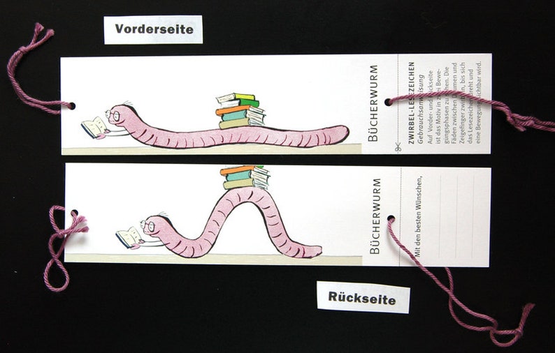 Lesezeichen Bücherwurm mit Daumenkino Effekt und Abschnitt für Geschenknachricht Bild 1