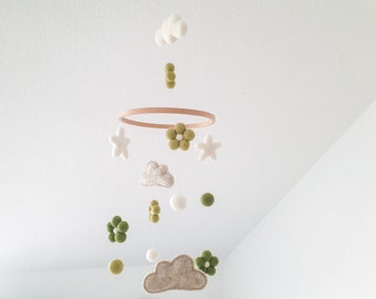 Mobile baby, felt balls, clouds, stars, flowers, felt, children's room, baby room, gift, birth, baptism