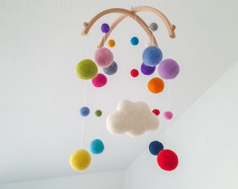 Mobile, baby, felt balls, children's room, gift, cloud, colorful