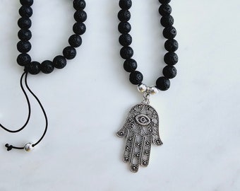 Hamsa Hand Kette Hand der Fatima mit Lava Perlen