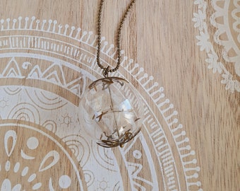 Necklace with real dandelions glass ball bronze