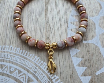 Jasper Armband mit Kauri Muschel gold Perlenarmband  Edelstein Yoga Heilstein