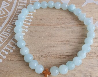 Cross bracelet with light turquoise jade beads rose gold