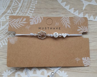Initials bracelet with letter silver and paw silver macrame band filigree pet animal dog cat