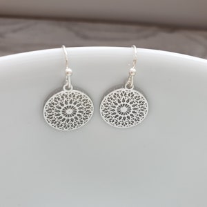 Filigree mandala ornament earrings in silver Boho Namaste Yoga Bohemian image 1