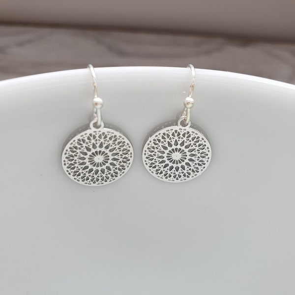 Filigree mandala ornament earrings in silver Boho Namaste Yoga Bohemian