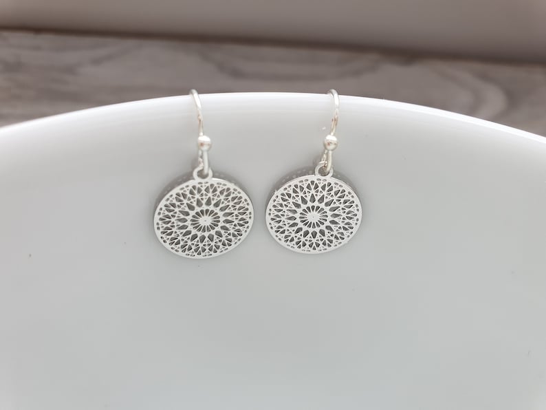 Filigree mandala ornament earrings in silver Boho Namaste Yoga Bohemian image 1